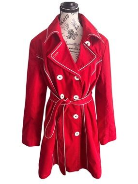 Red Waterproof Trench Coat Belted Double Breasted Jacket Military Size XL